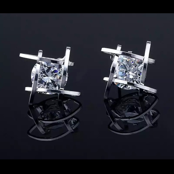 Silver Tone 3D Cage Square and CZ Crystal Earrings - Picture 2 of 2